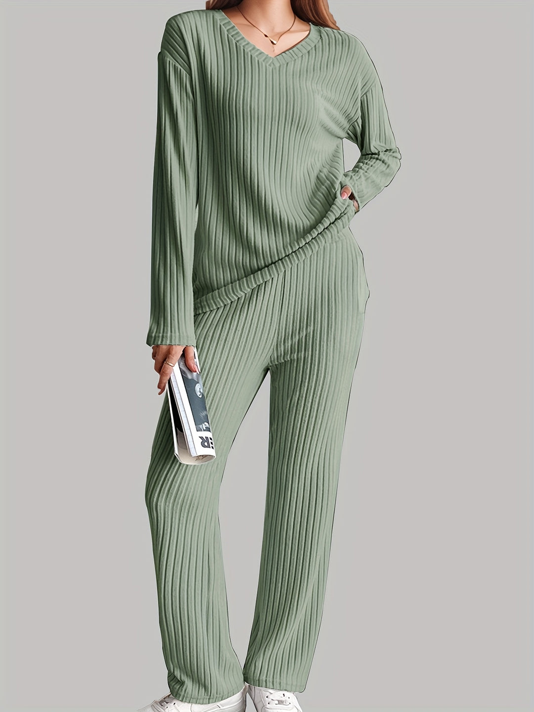 Celeste - Gezellige geribde V-hals Lange Mouwen Lounge Set
