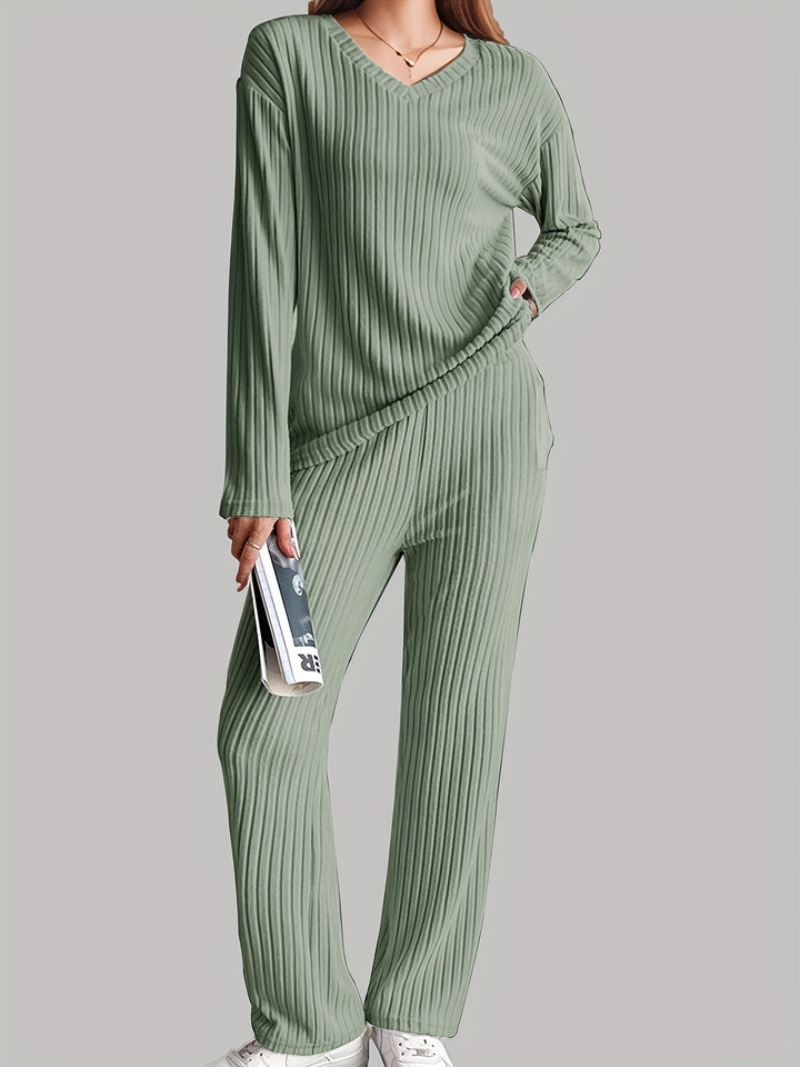 Celeste - Gezellige geribde V-hals Lange Mouwen Lounge Set