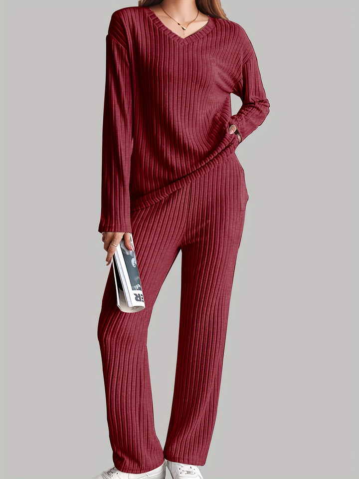 Celeste - Gezellige geribde V-hals Lange Mouwen Lounge Set